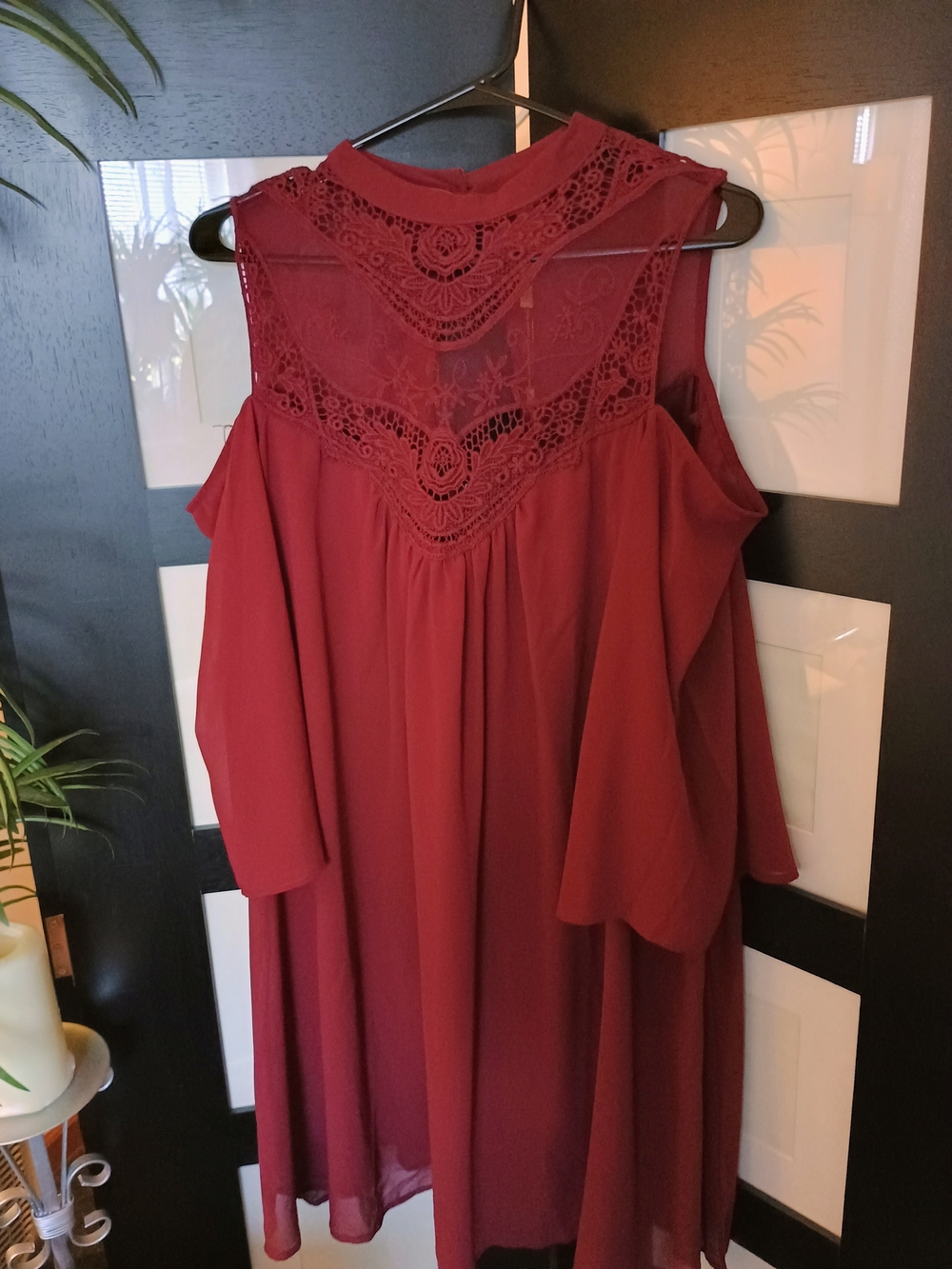 NWOT Burgundy Lace & Chiffon Cold-Shoulder Long Sleeve Dress